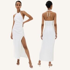 Reformation Sadey Linen Midi Dress White Size 8 Halter Open Back Side Slit NEW